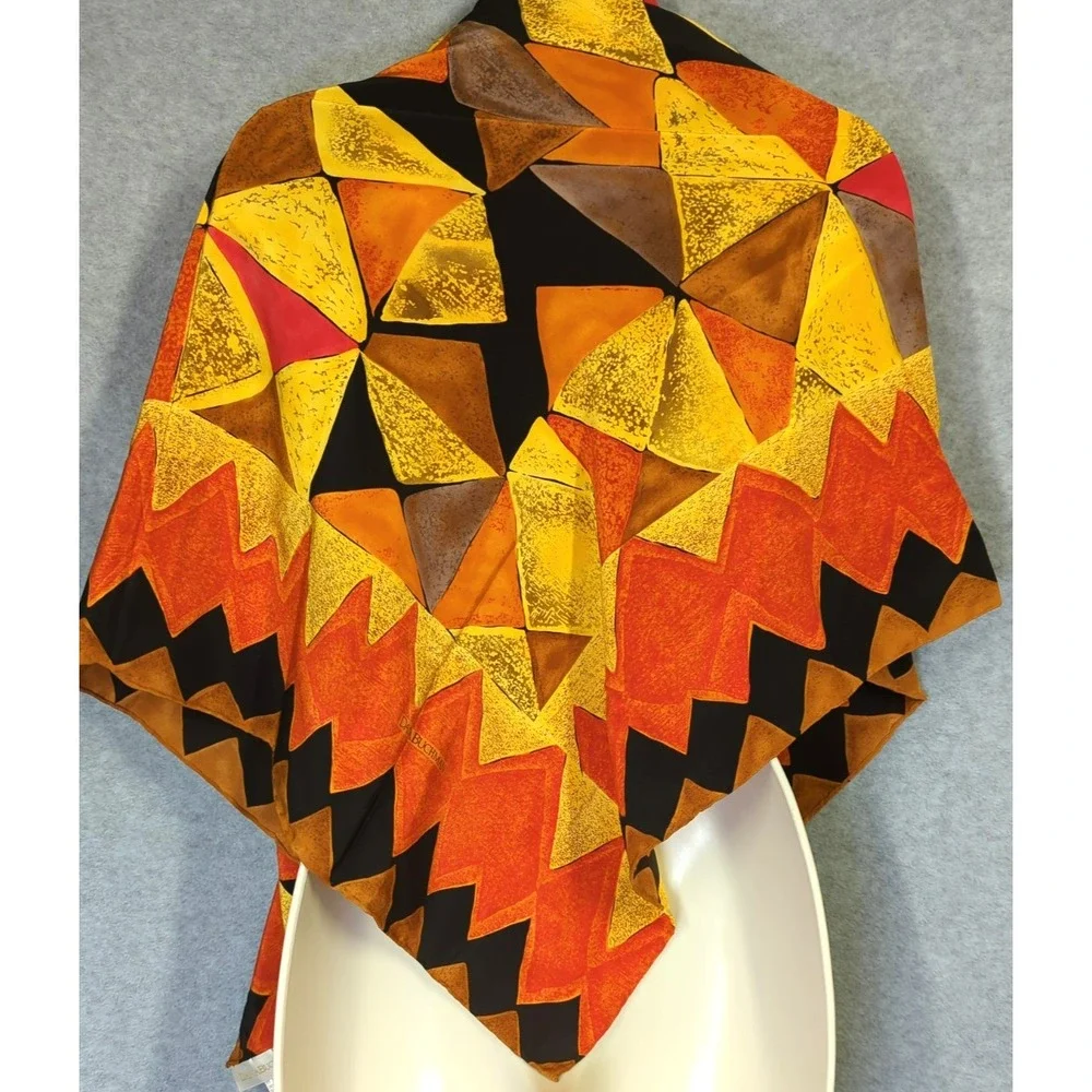 Vtg Dana Buchman Silk Scarf 40x40 Stunner Bold Color Orange Black Red Harlequin